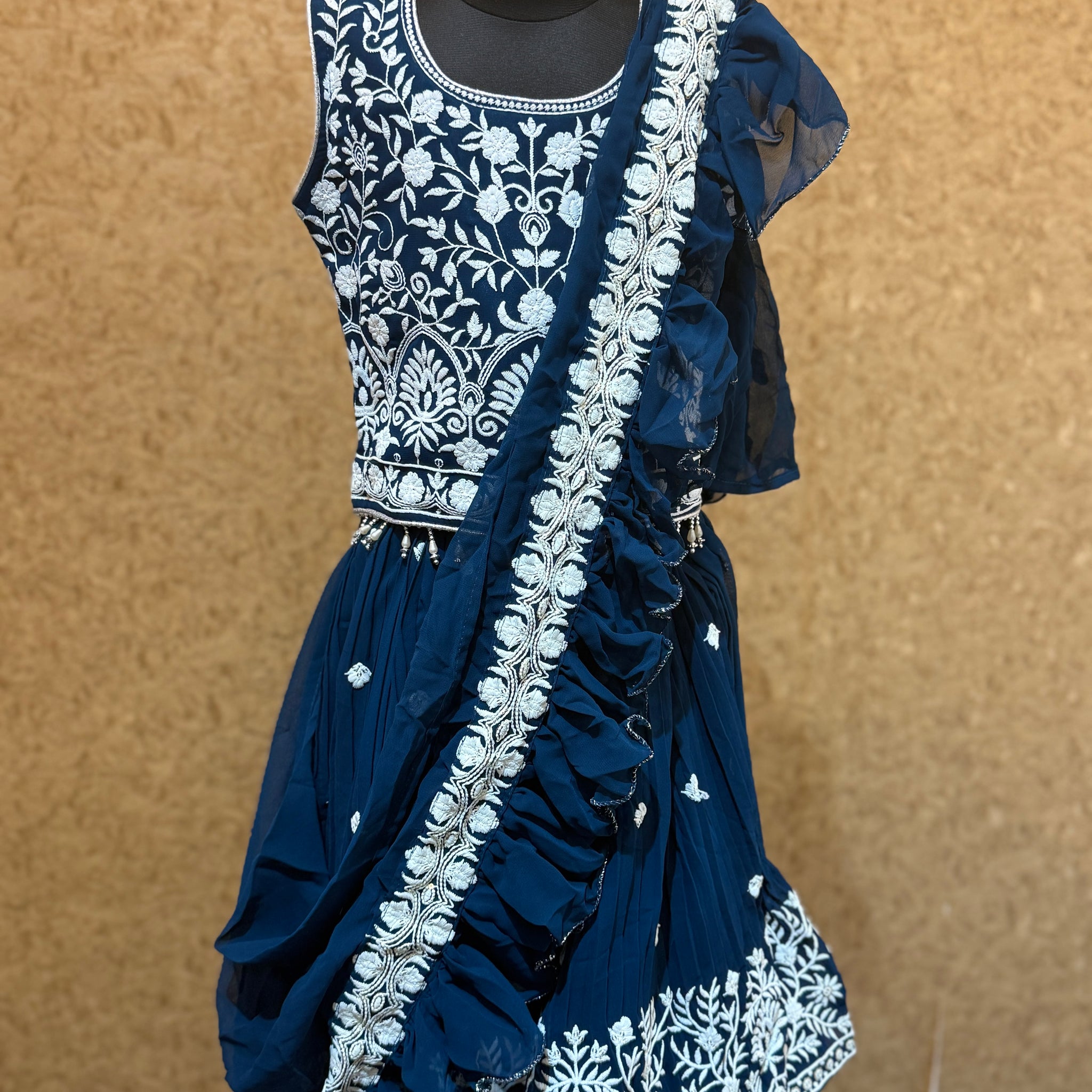 Navy Latest Saree Model Choli with Thread Embroidery all over