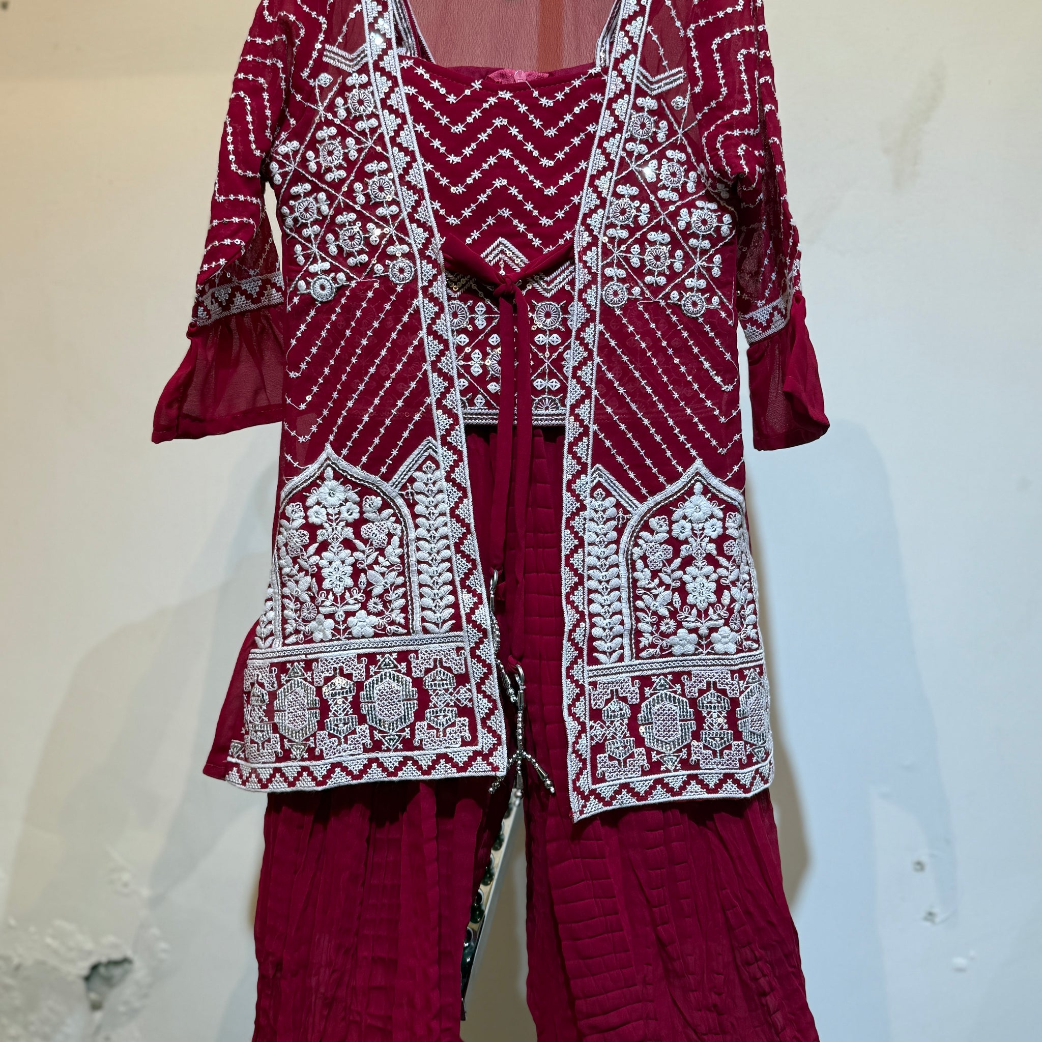Astonishing pink full work palazzo set with heavy work long shrug