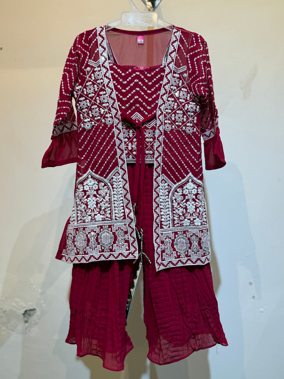 Astonishing pink full work palazzo set with heavy work long shrug