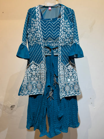 Sky blue full work palazzo set with heavy work long shrug