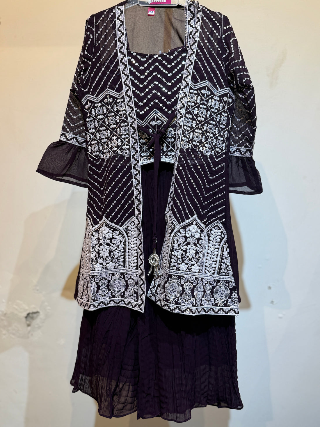 Wine full work palazzo set with heavy work long shrug