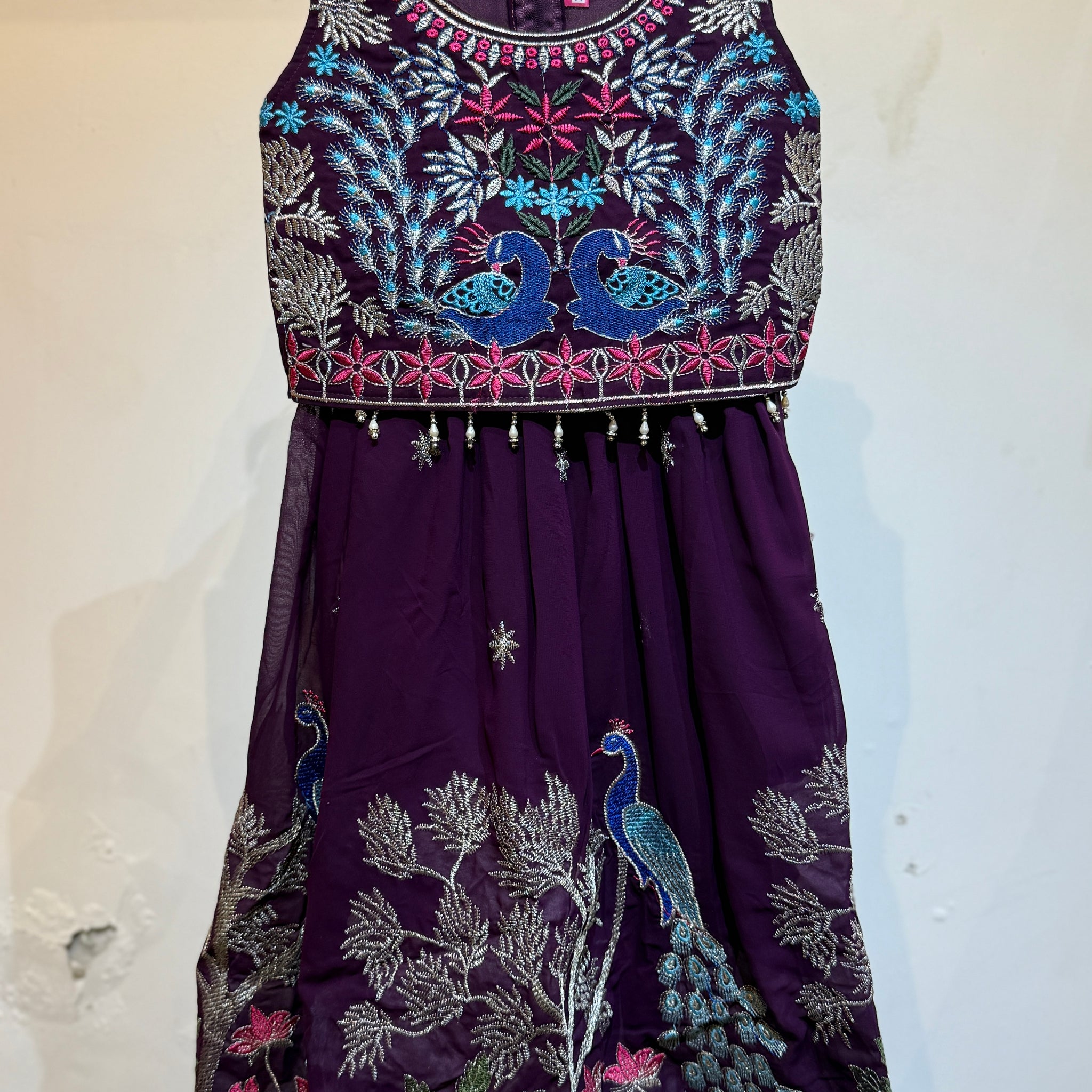 Wine Embroidered choli in peacock design