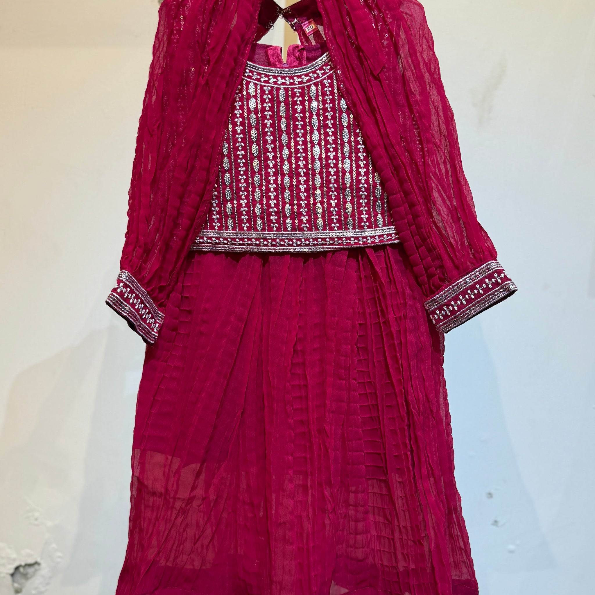 Bright pink Poncho choli in silver sequence