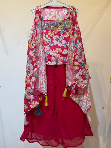 Rani Pink flowy shrug palazzo set with white flowers