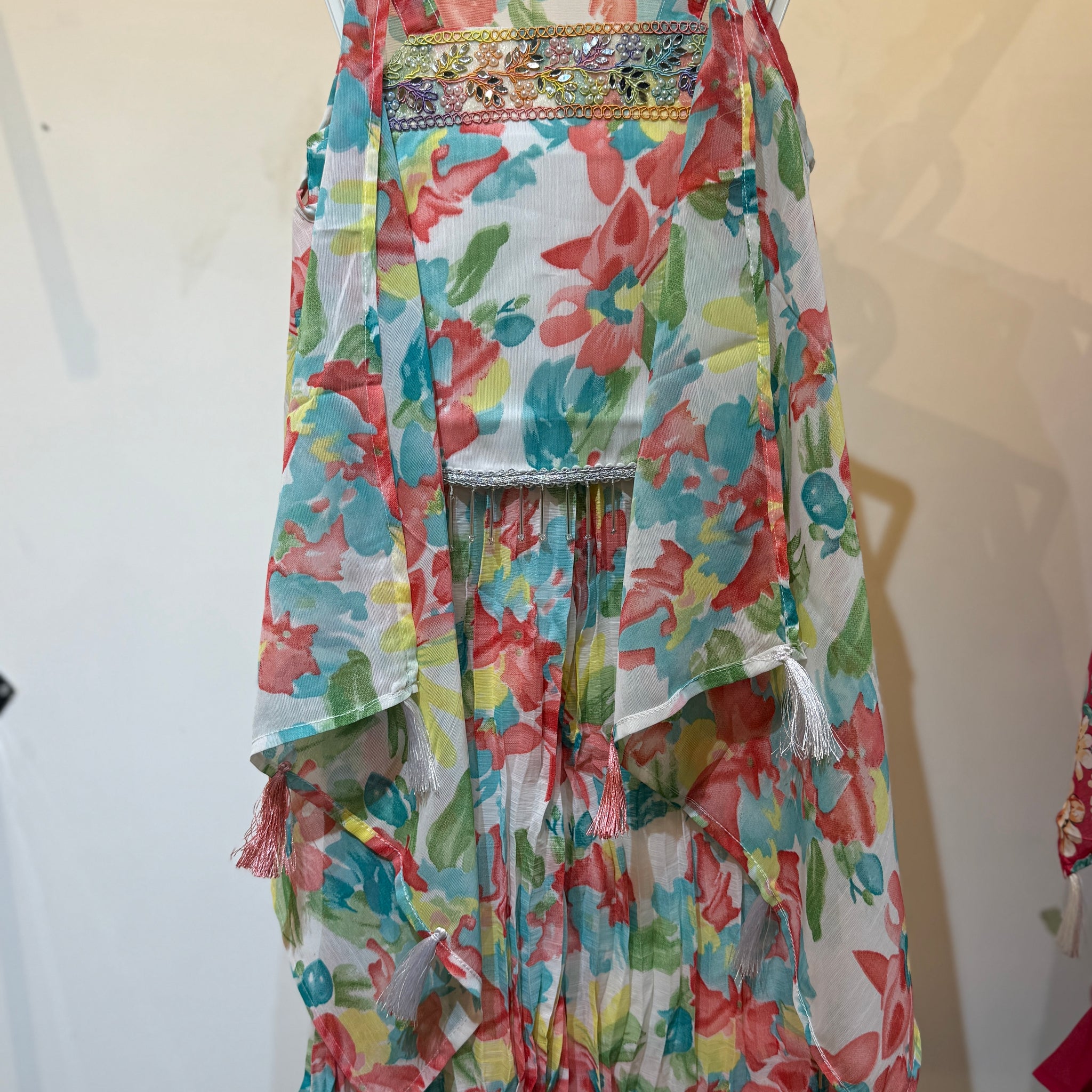 White tropical flowy shrug Sharara with  bold orange flowers