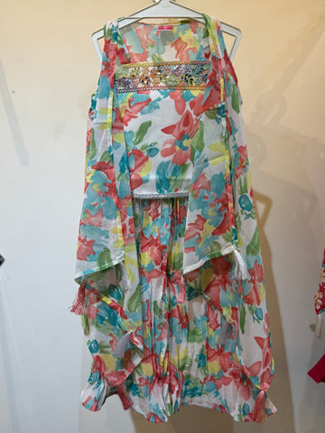 White tropical flowy shrug Sharara with  bold orange flowers