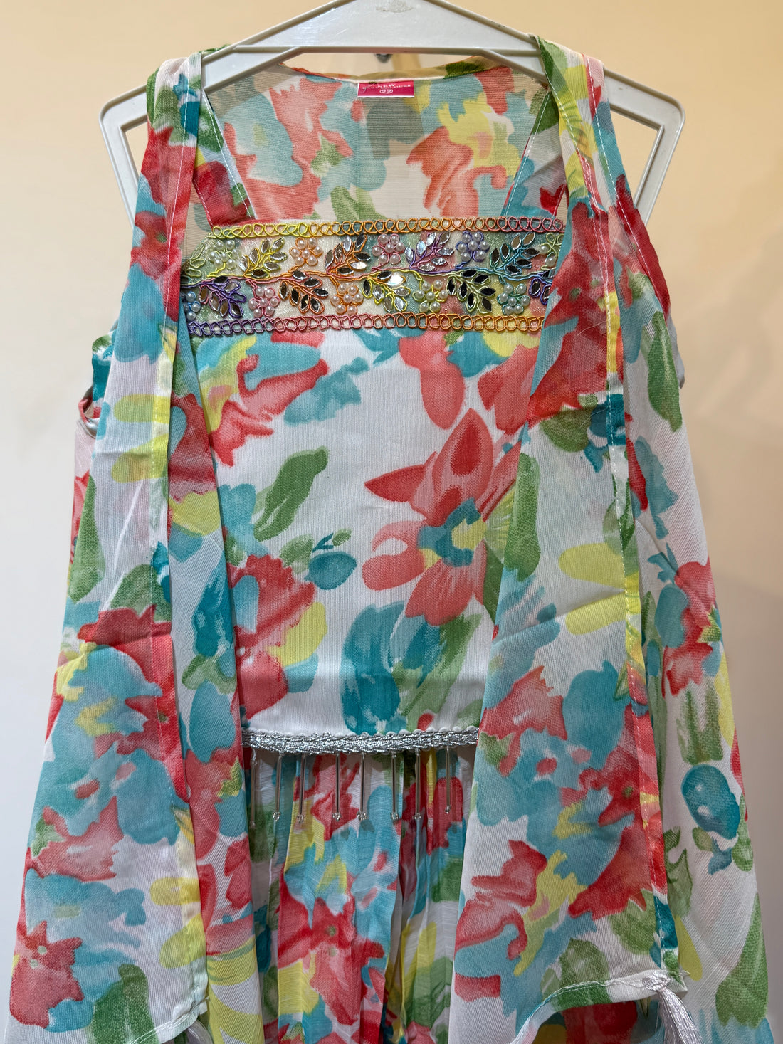 White tropical flowy shrug Sharara with  bold orange flowers