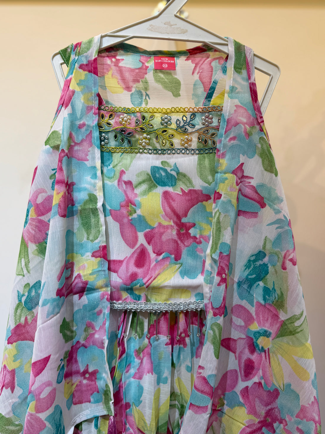 White tropical flowy shrug Sharara with  bold Pink flowers