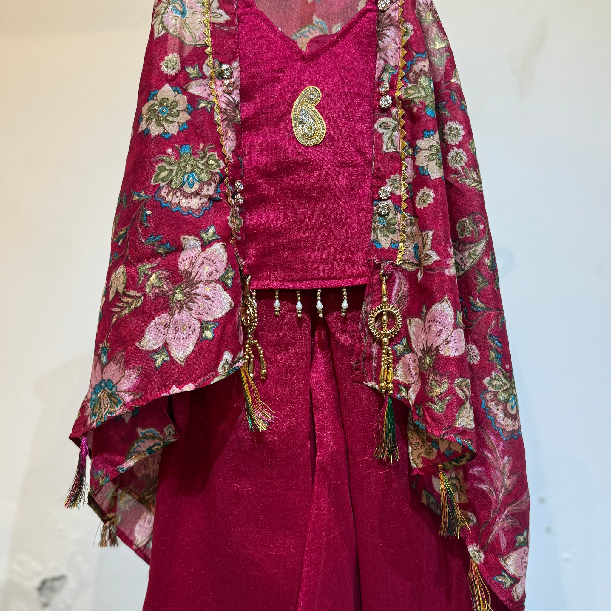 Festive Pink mango patch palazzo set with flowy shrug