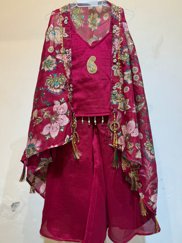 Festive Pink mango patch palazzo set with flowy shrug