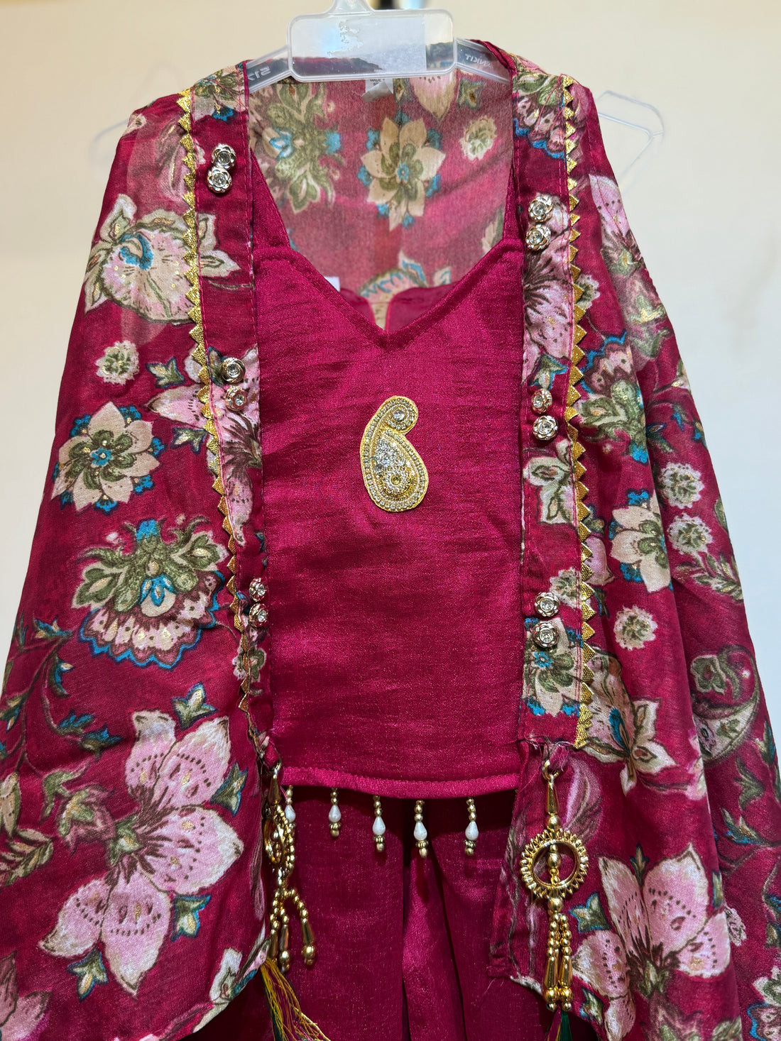 Festive Pink mango patch palazzo set with flowy shrug