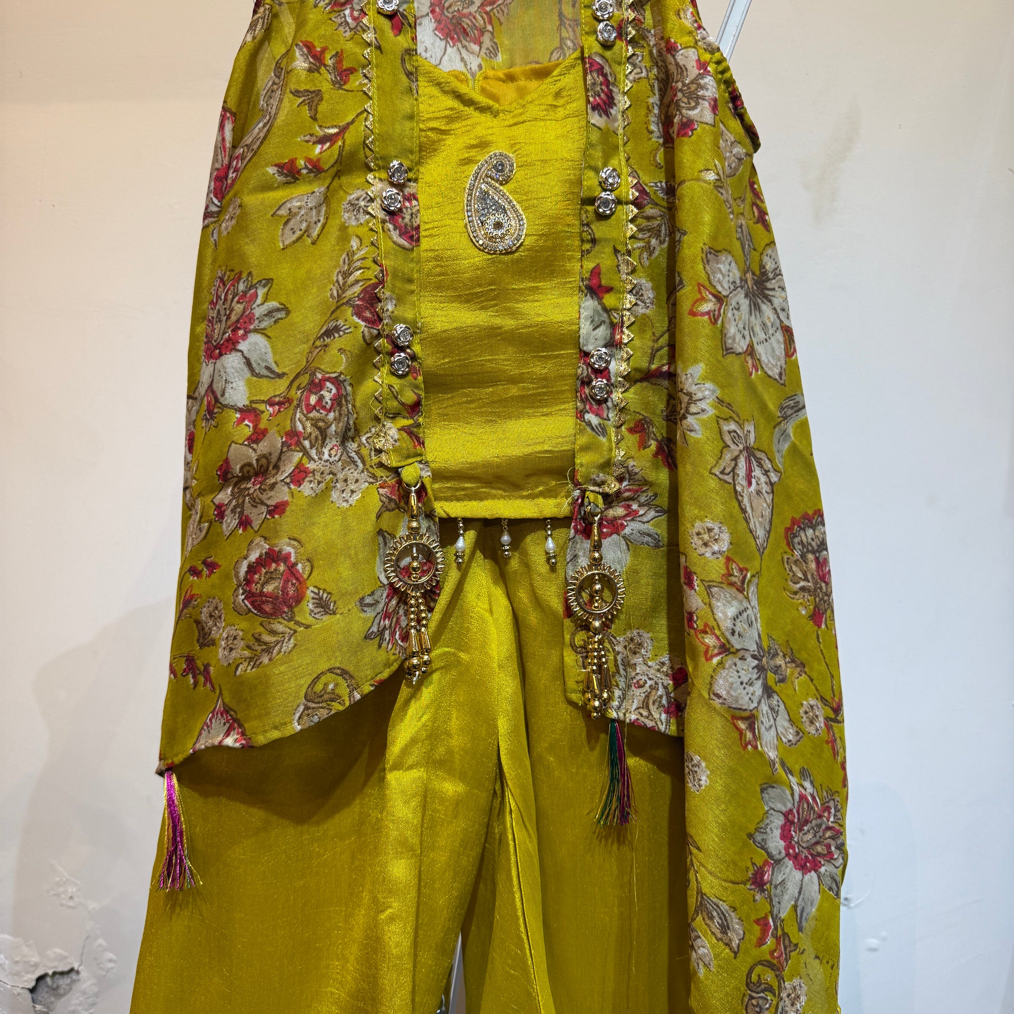Mustard yellow mango patch palazzo set with flowy shrug