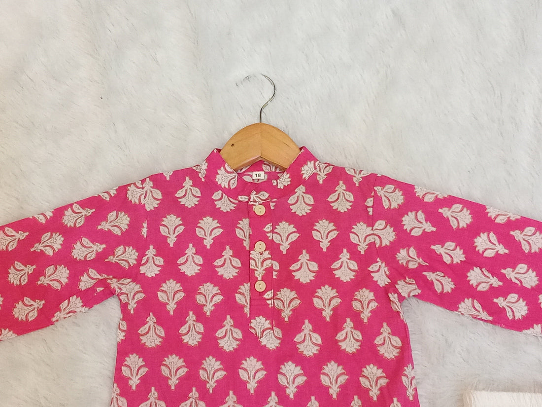 Pink floral printed kurta set with pant for boys