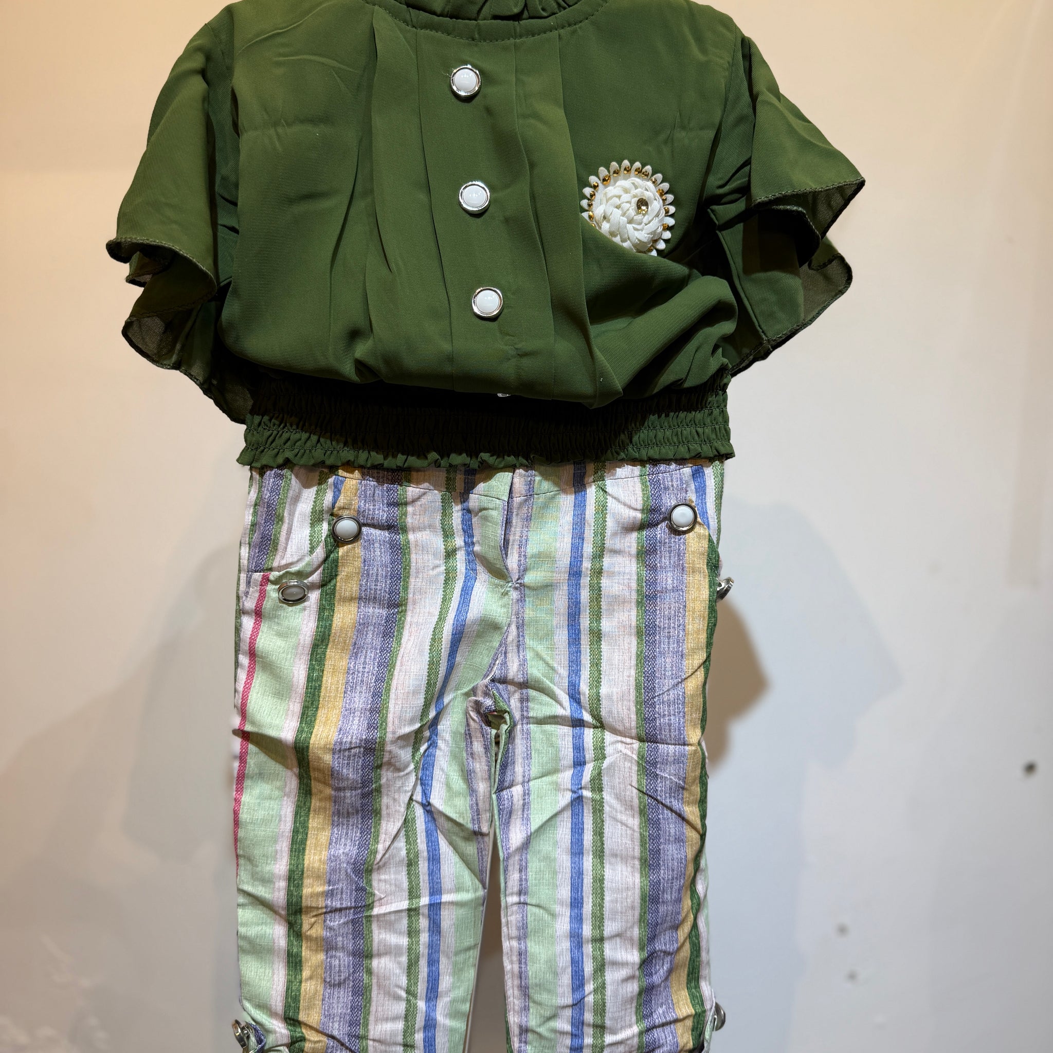 Vacay Ruffle Sleeves Closed Neck  OLIVE Green Top with Capri Pant