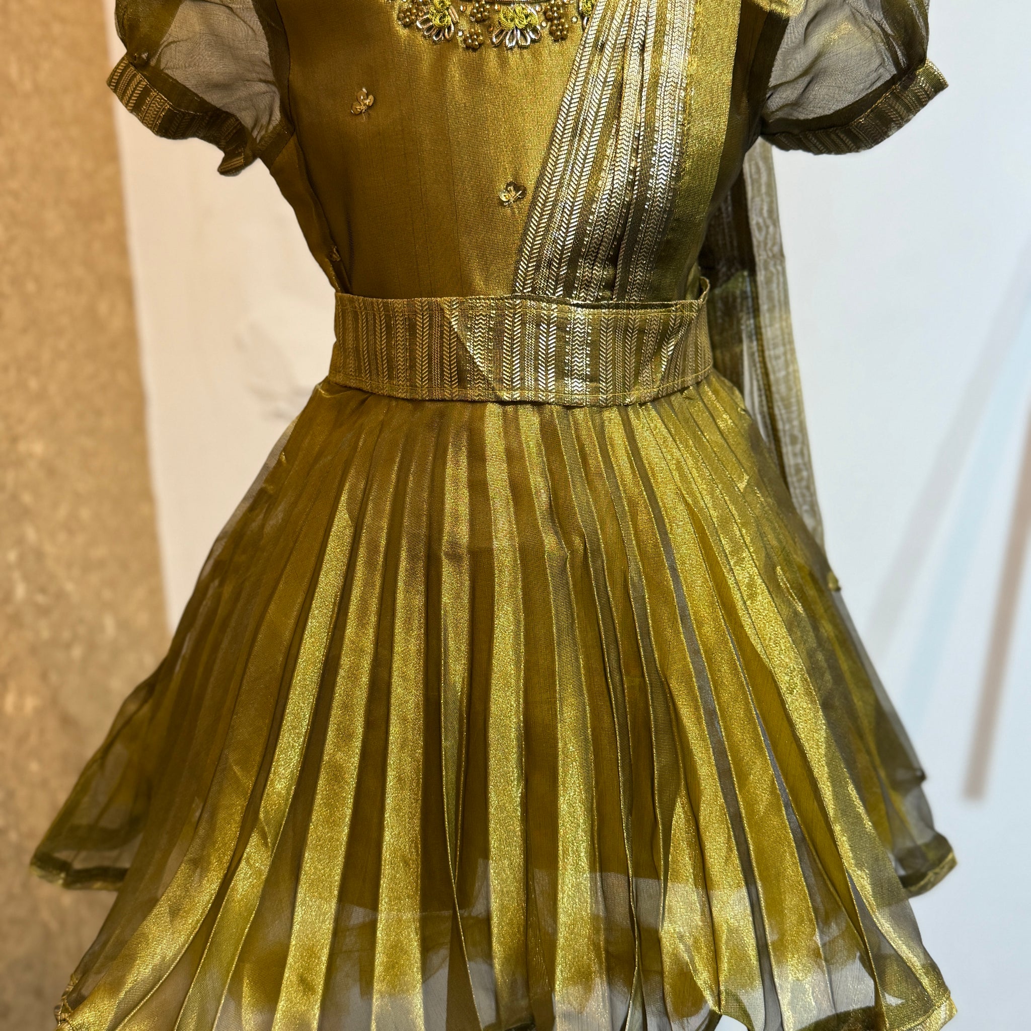 Alluring Golden detachable saree model Tissue Silk frock