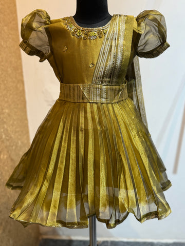Alluring Golden detachable saree model Tissue Silk frock