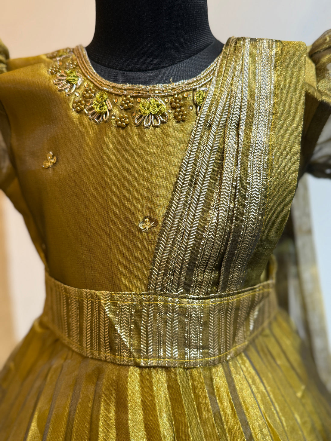 Alluring Golden detachable saree model Tissue Silk frock