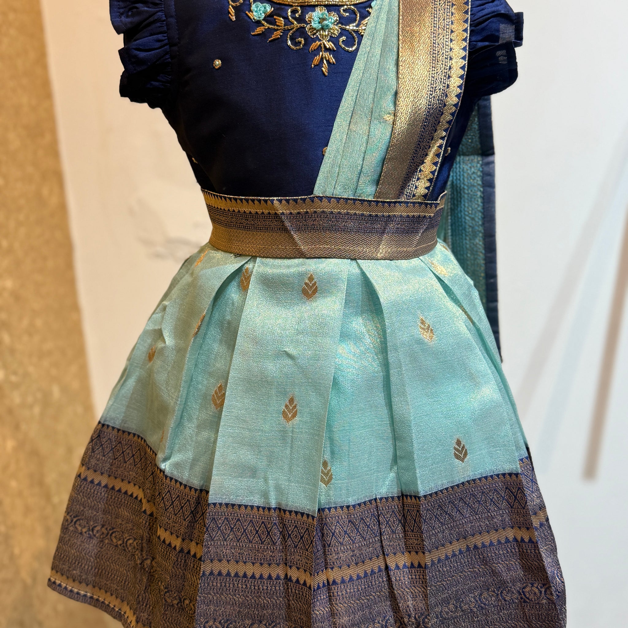 Enchanting Saree Model Silk Frock in Blue color with Ruffle Sleeve