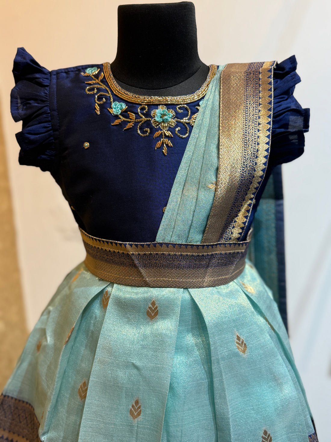 Enchanting Saree Model Silk Frock in Blue color with Ruffle Sleeve