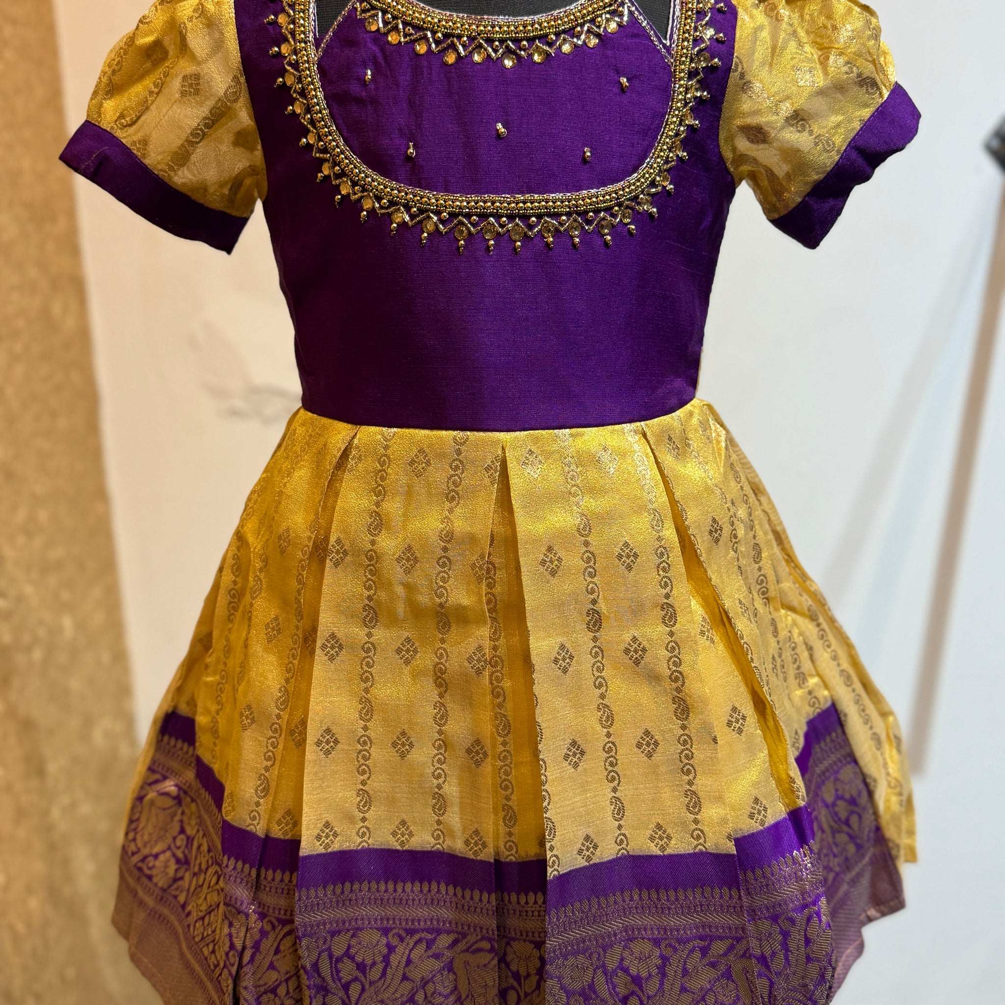 Latest Grecian neck silk frock in Yellow and Purple Color