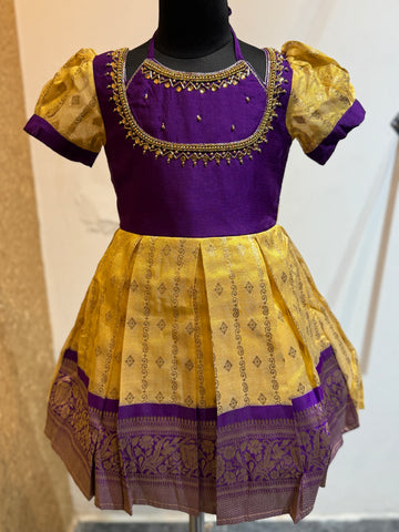 Latest Grecian neck silk frock in Yellow and Purple Color