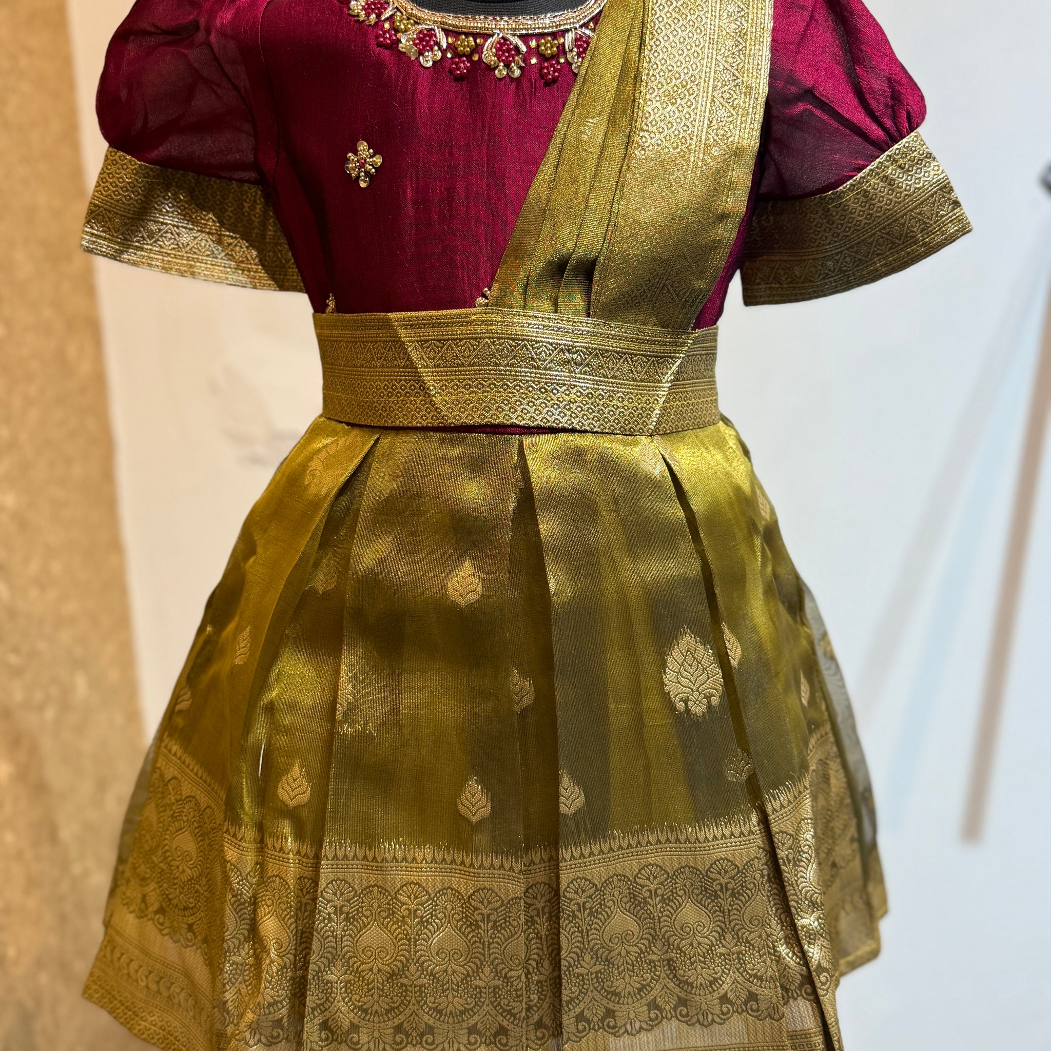 Enchanting Saree Model Silk Frock in Wine and Gold Color