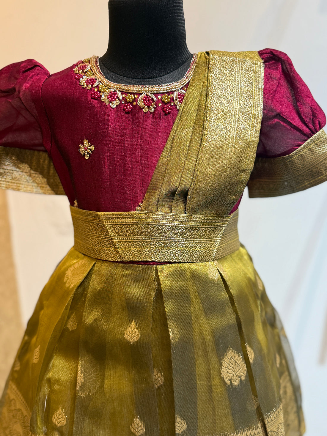 Enchanting Saree Model Silk Frock in Wine and Gold Color