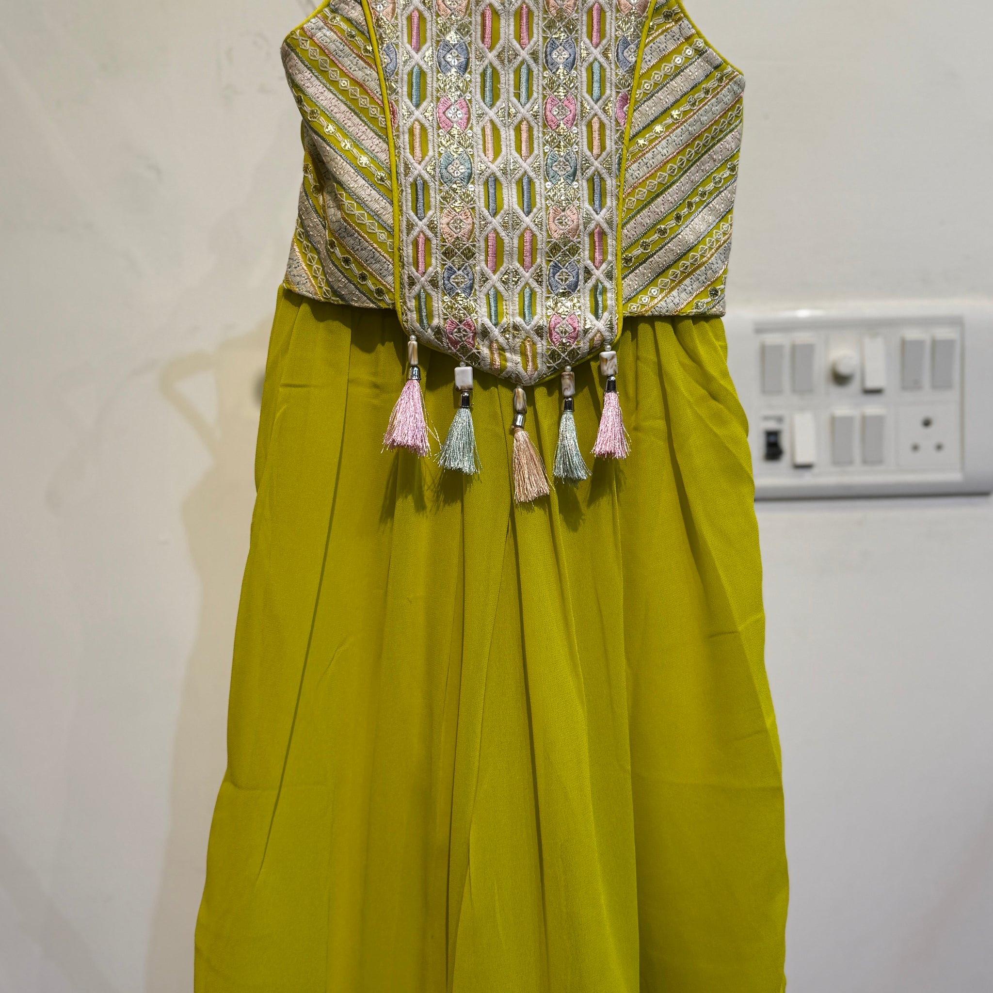 Graceful Lemon yellow designer crop top with palazzo pant set and matching dupatta for little girls