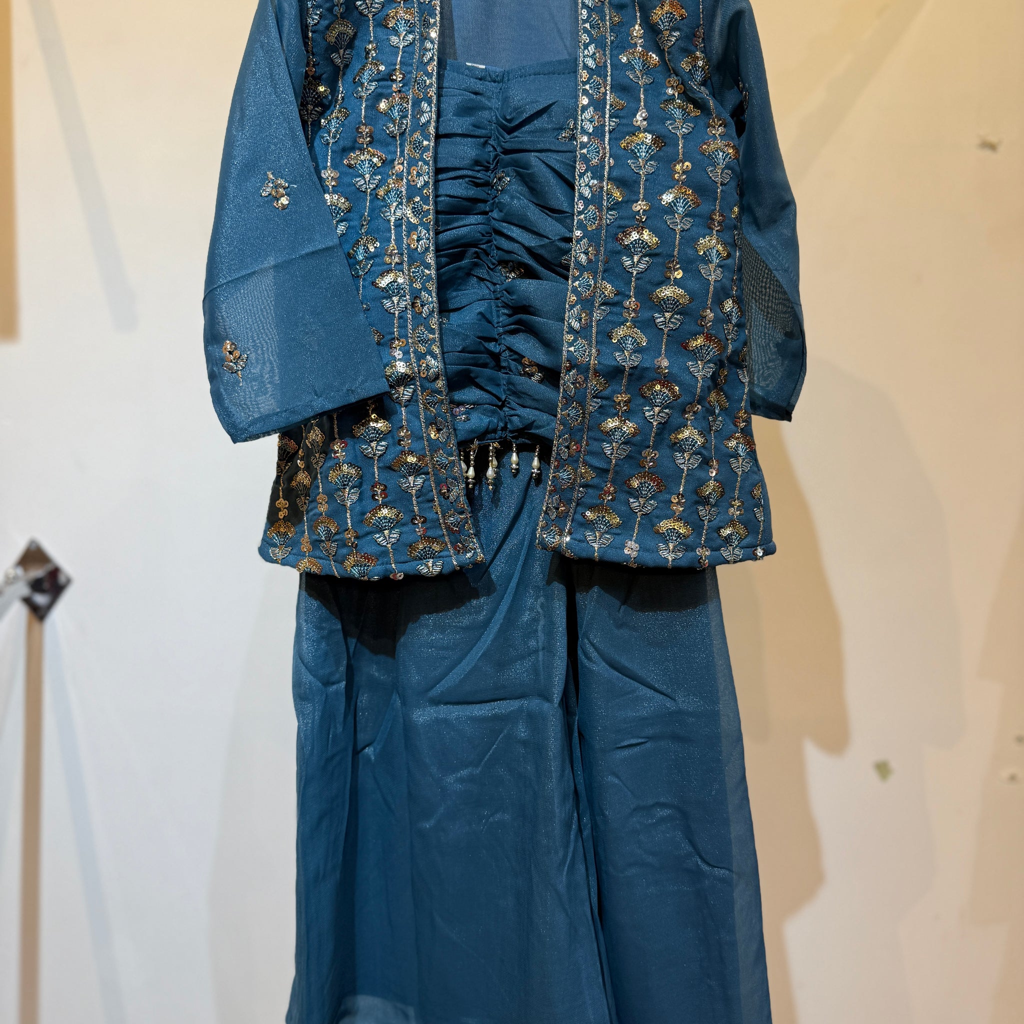 Designer dusty blue shade Palazzo set with Crop top and Mid Jacket