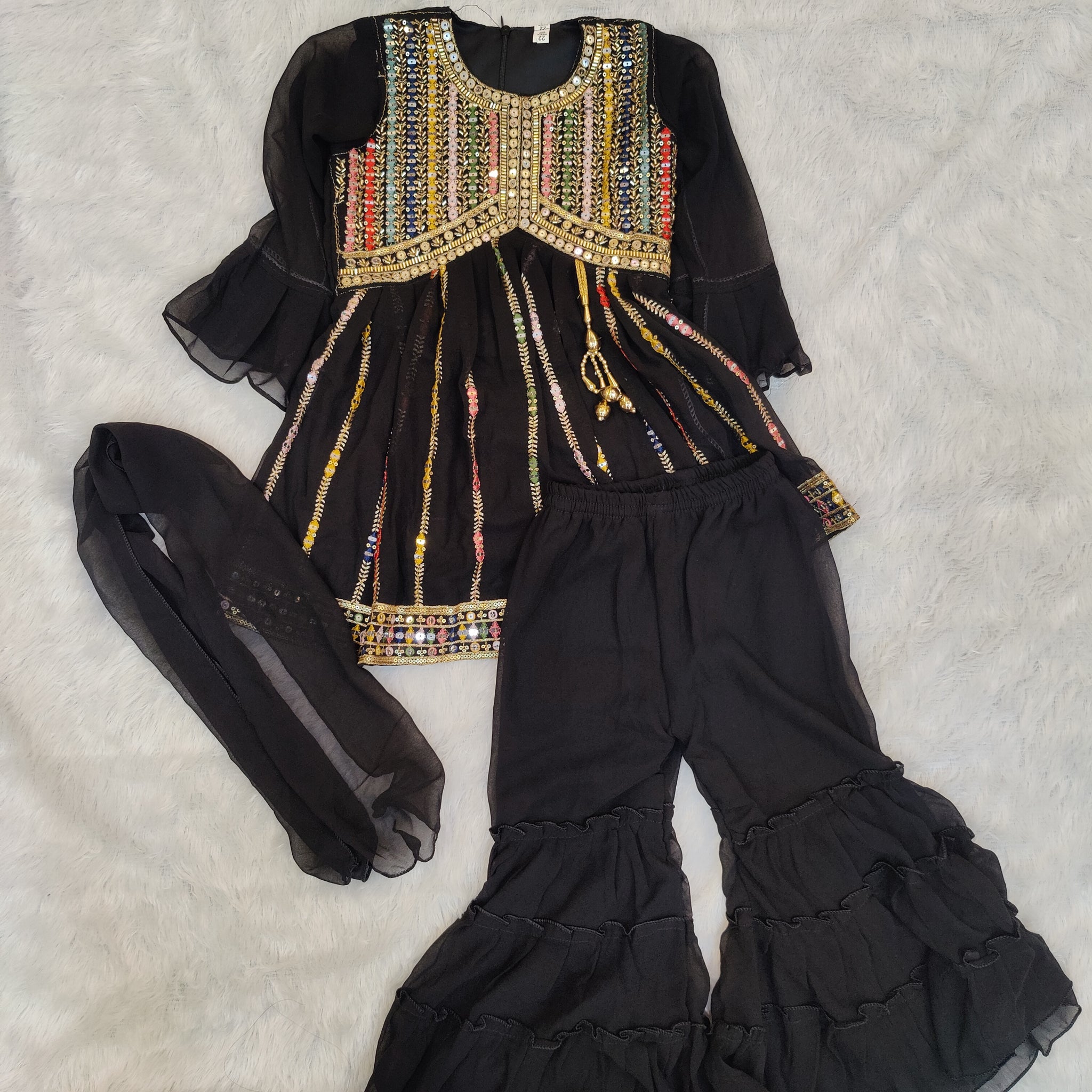 Beautiful Jet black designed alia cut sharara and palazzo pant with matching dupatta