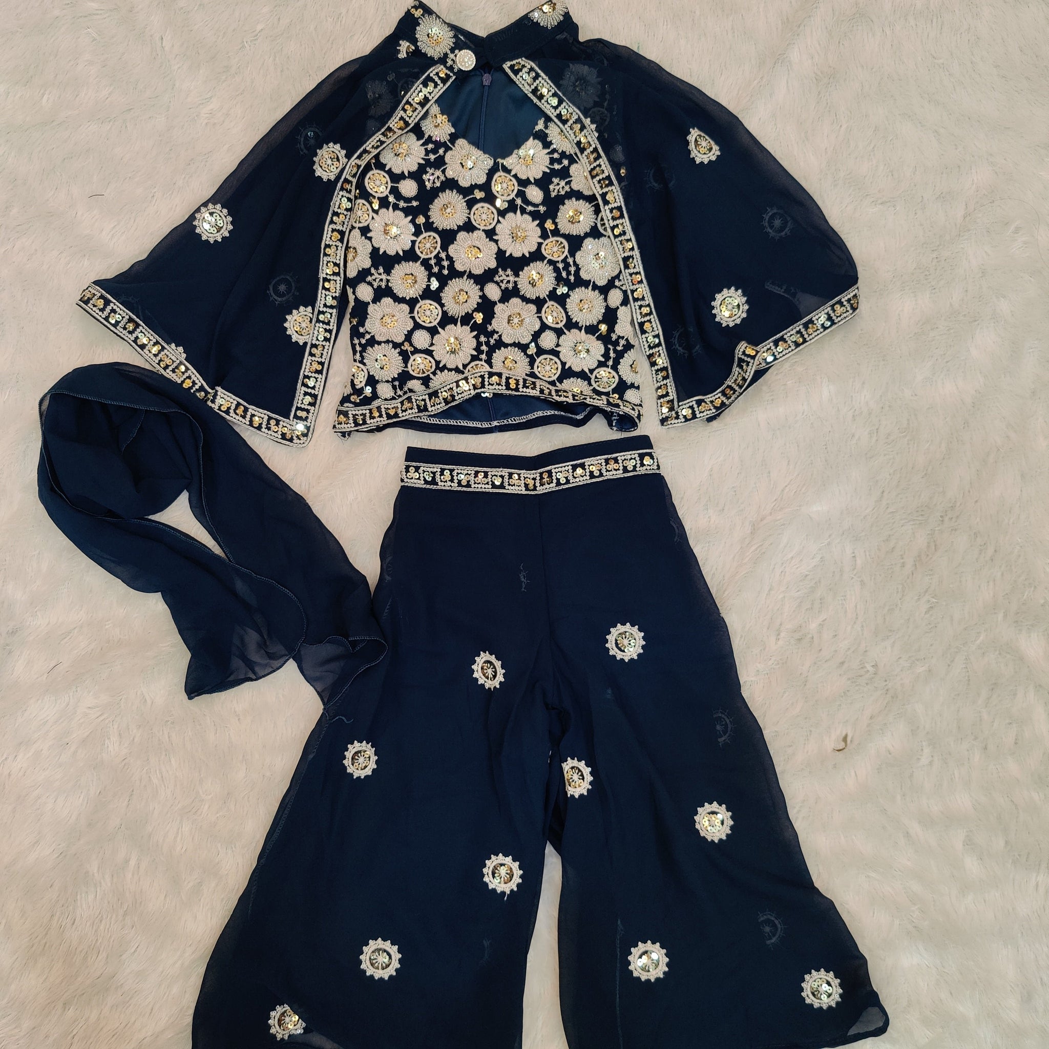 Elegant Prussian Blue embroidered top with palazzo pant and jacket set