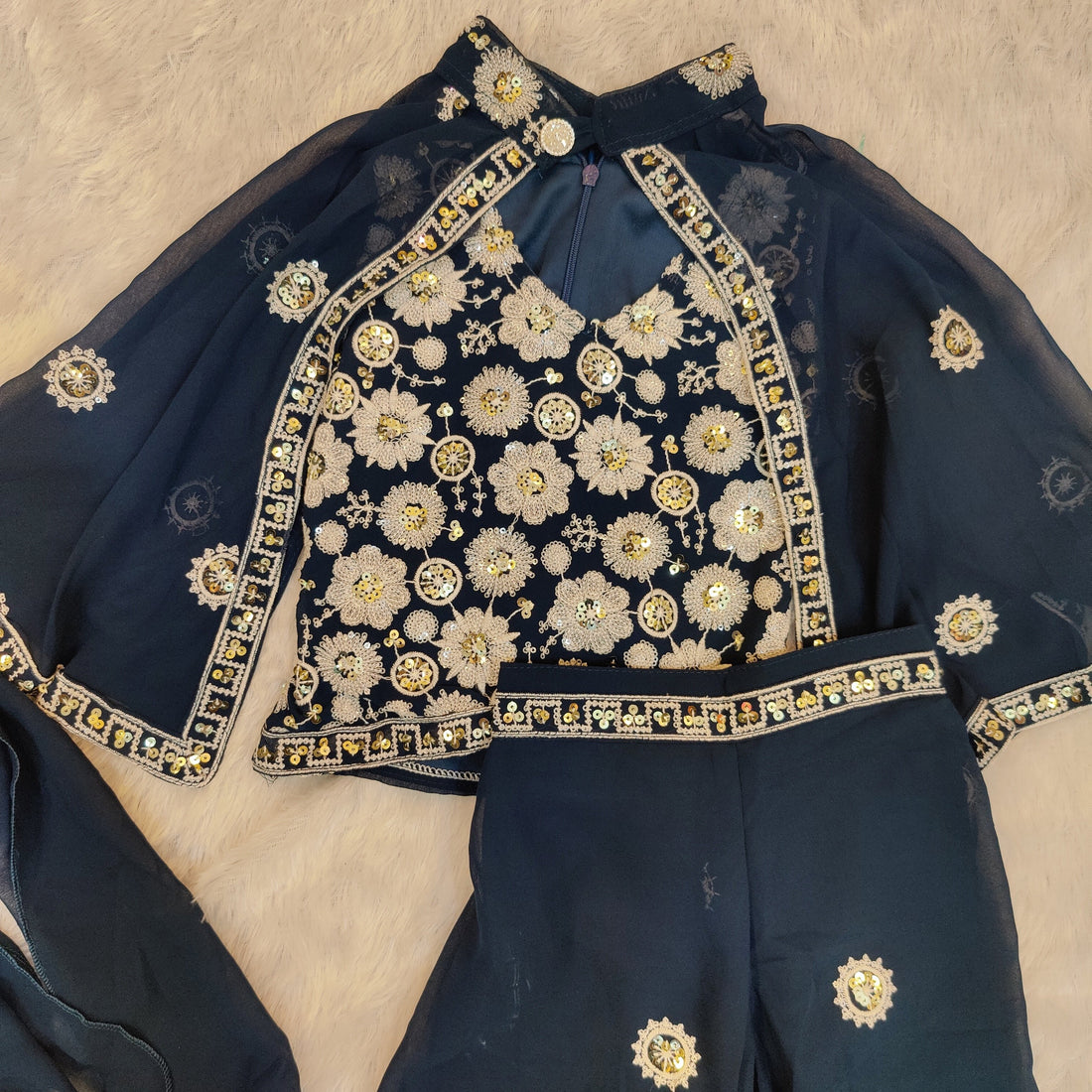 Elegant Prussian Blue embroidered top with palazzo pant and jacket set