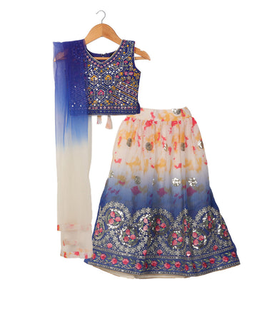 Blue With White Choli Set For Girls