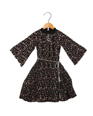 Black small flowers printed high neck gown for girls