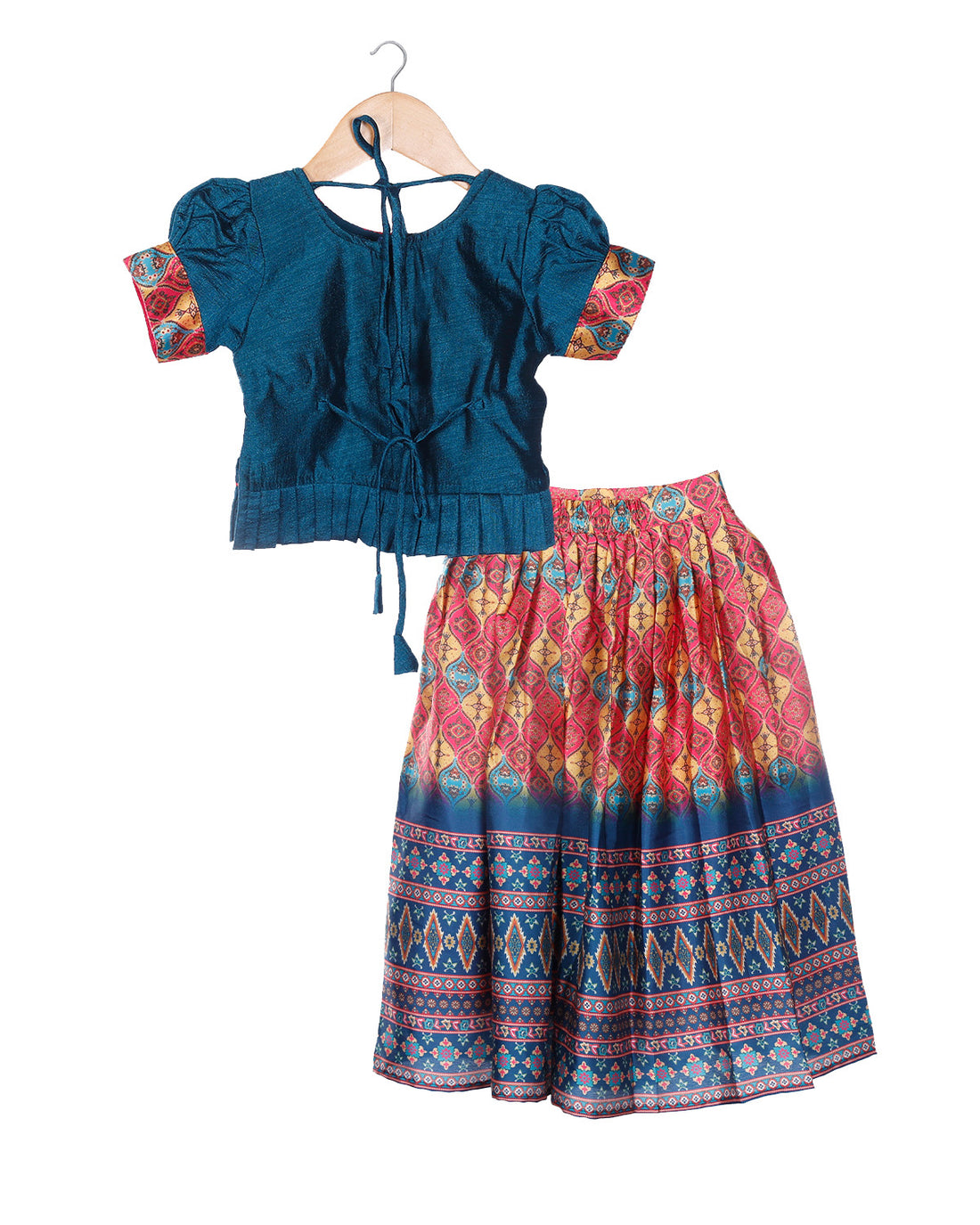 Blue with Pink embroidery top and ikat printed bottomed silk lehanga