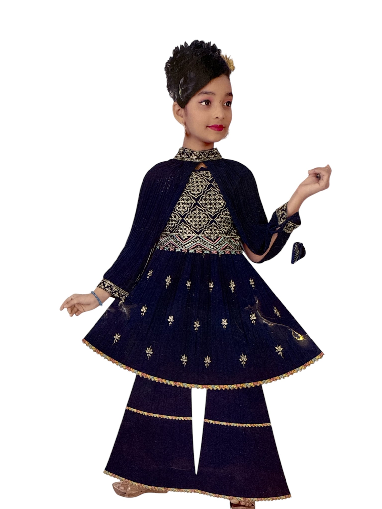 Navy Peplum Gharara with Poncho Sleeves