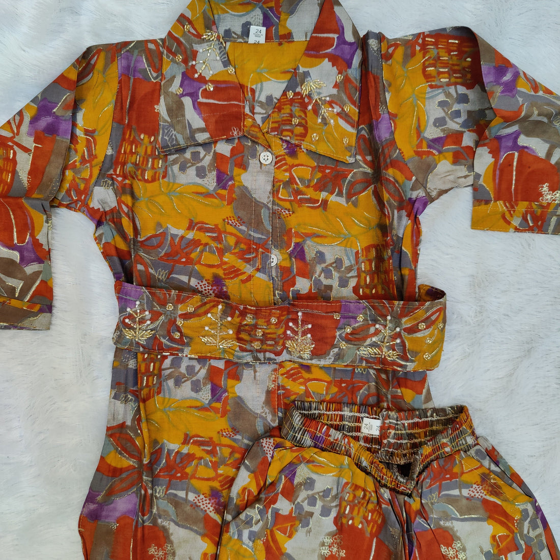 Rusty orange floral printed co ord with hip belt set for girls