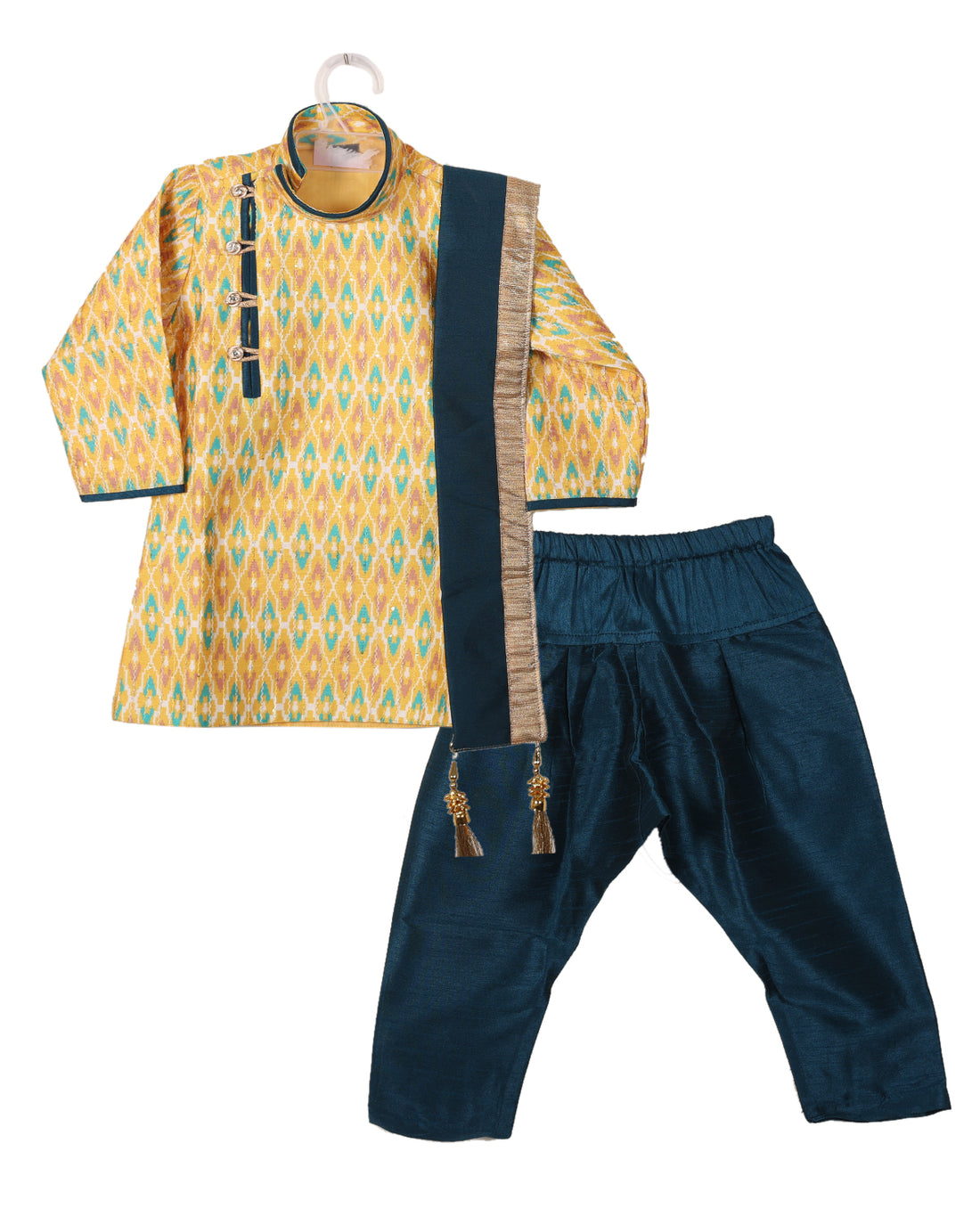 Yellow With Green Sherwani Set For Boys