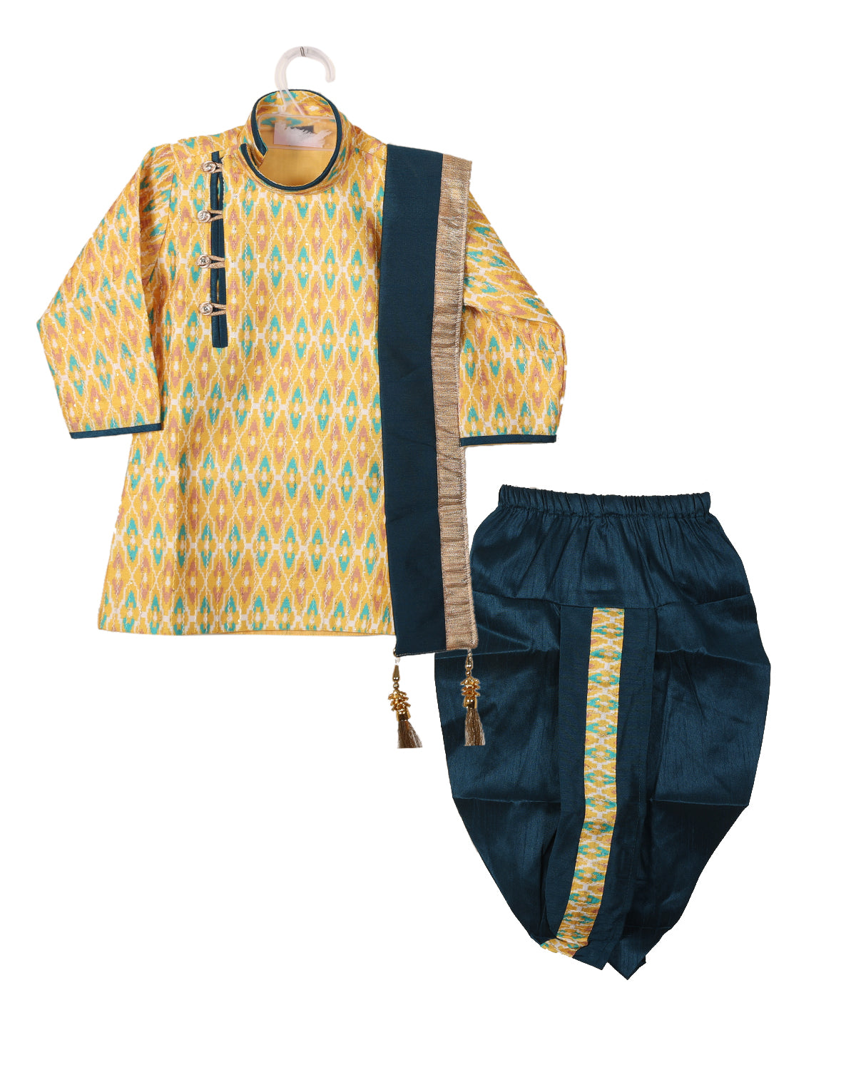 Yellow With Green Sherwani Set For Boys