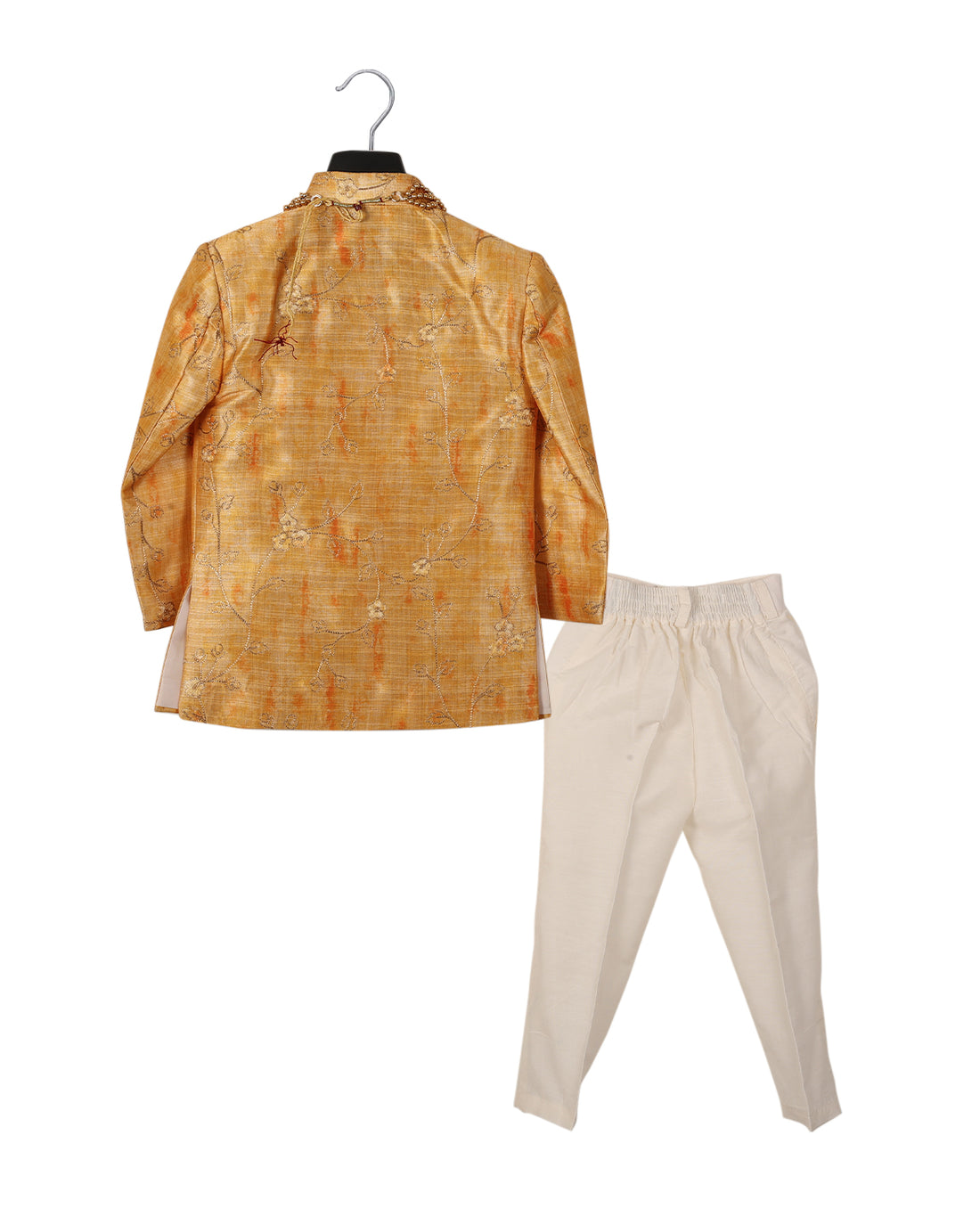 Yellow floral embroidery Sherwani Set For Boys With Pearl Set