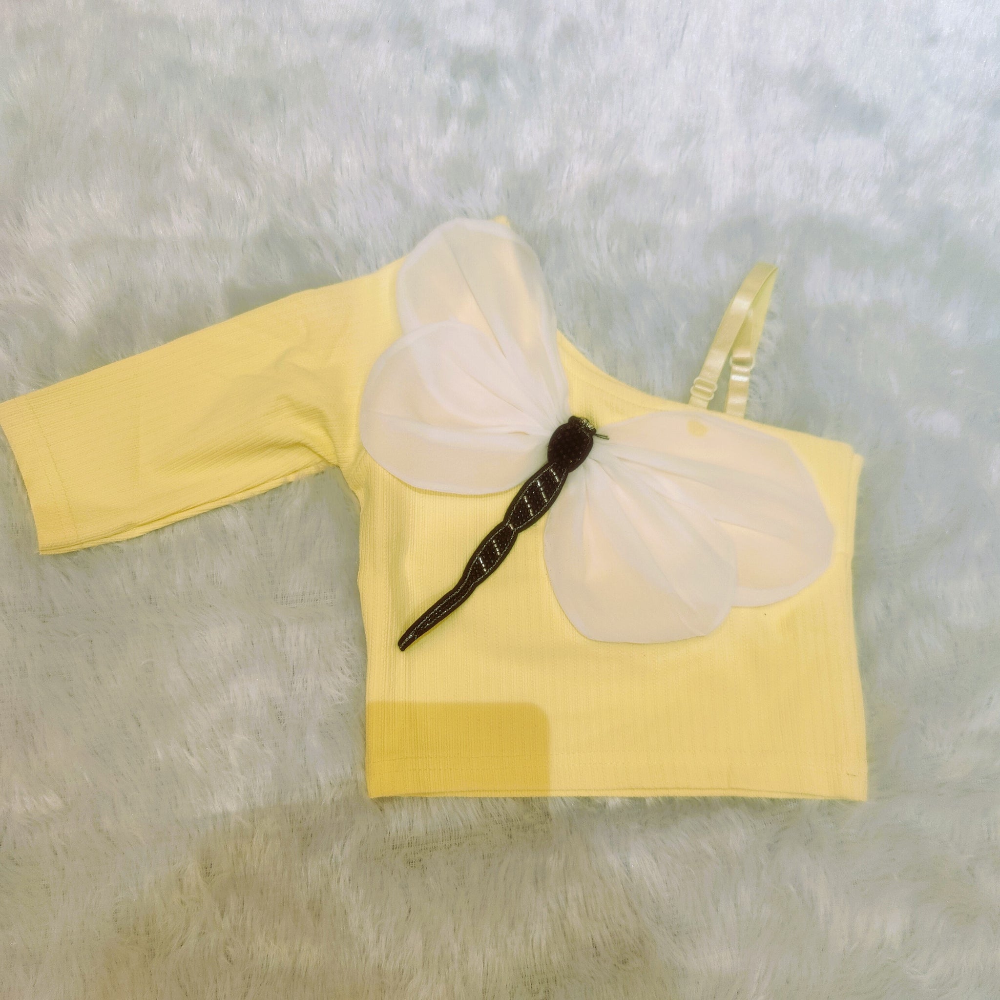 Creamy yellow one shoulder with big dragonfly embossed top for girls