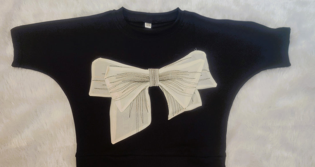 Carbon black bow tie embossed fasionable top for girls