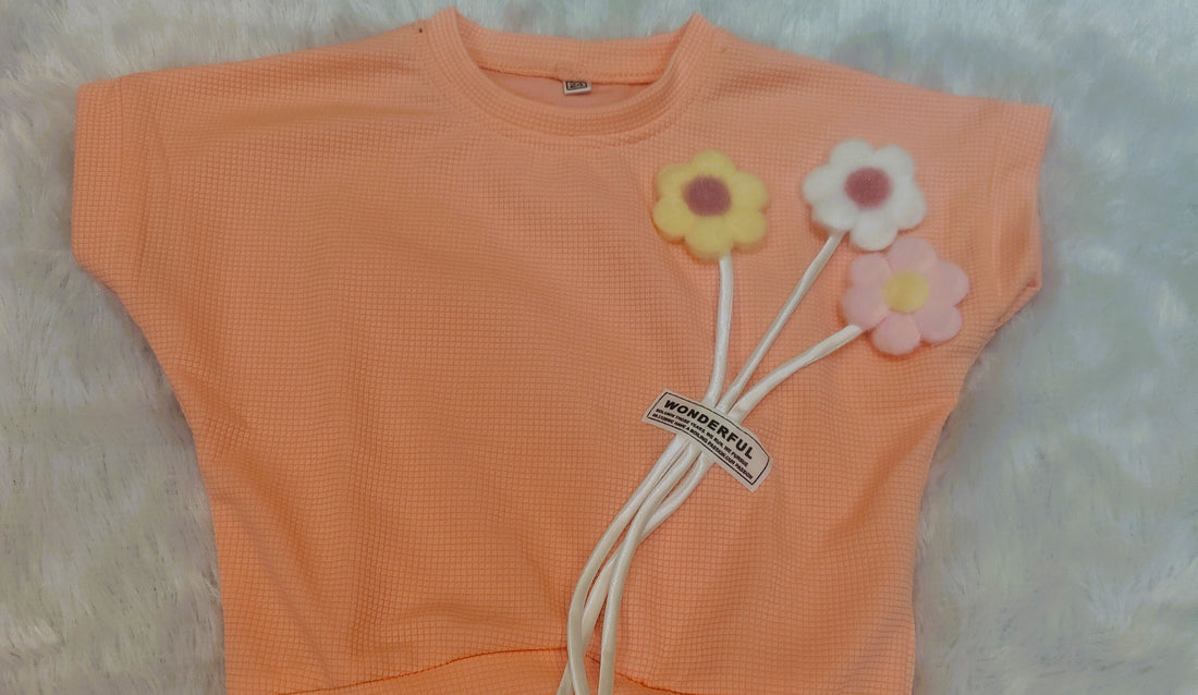 Fasionable Peach three flowers printed top for girls