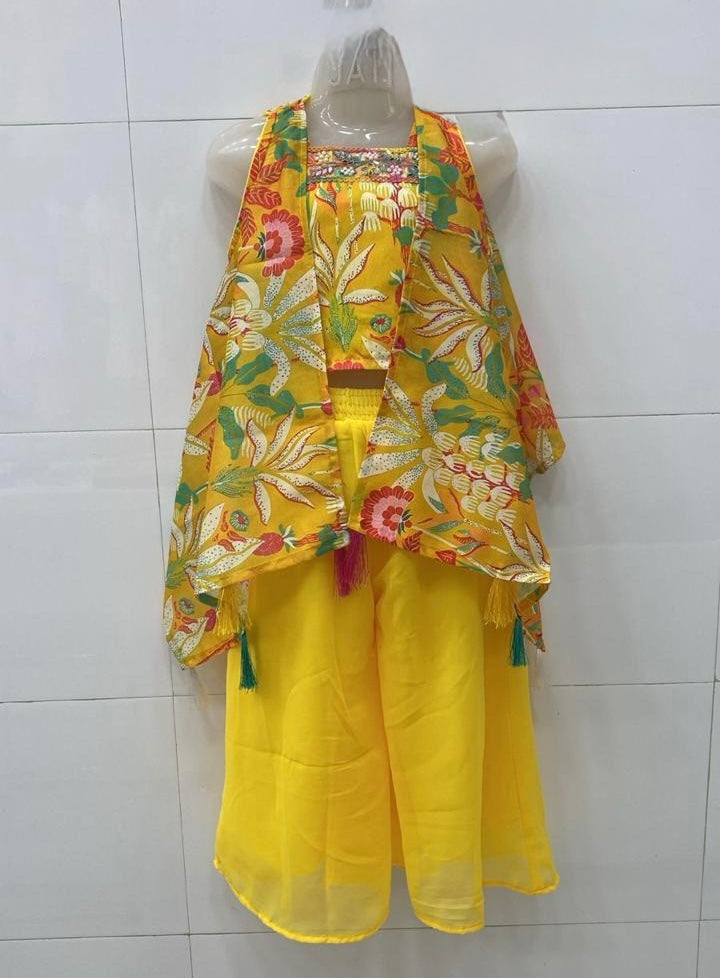 Bright Yellow bold Flowers and banana leaf  flowy shrug palazzo set