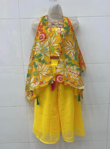 Bright Yellow bold Flowers and banana leaf  flowy shrug palazzo set