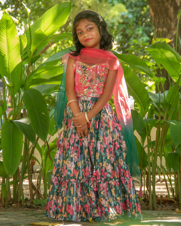 Salmon pink sequinced crop top with floral fantasy choli set for little fasionates