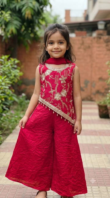 Exclusive Poppy pink slant top with semi-beads and palazzo