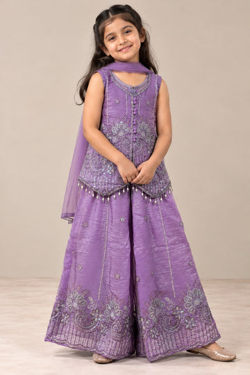 Lavender sequins W-cut sharara with peplum top, pearl tassels and embroidered palazzo
