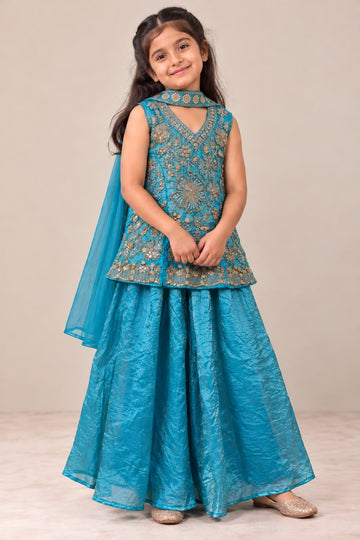 Aqua blue zari and sequins embroidered sharara with crushed tissue palazzo