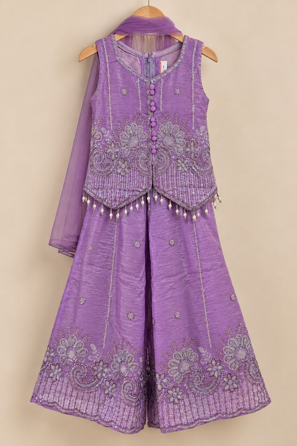 Lavender sequins W-cut sharara with peplum top, pearl tassels and embroidered palazzo